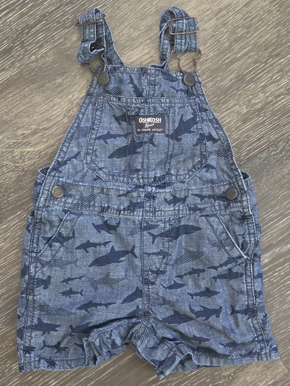 OshKosh B'gosh Denim-Blue Shark Print Short Overalls - Shortalls